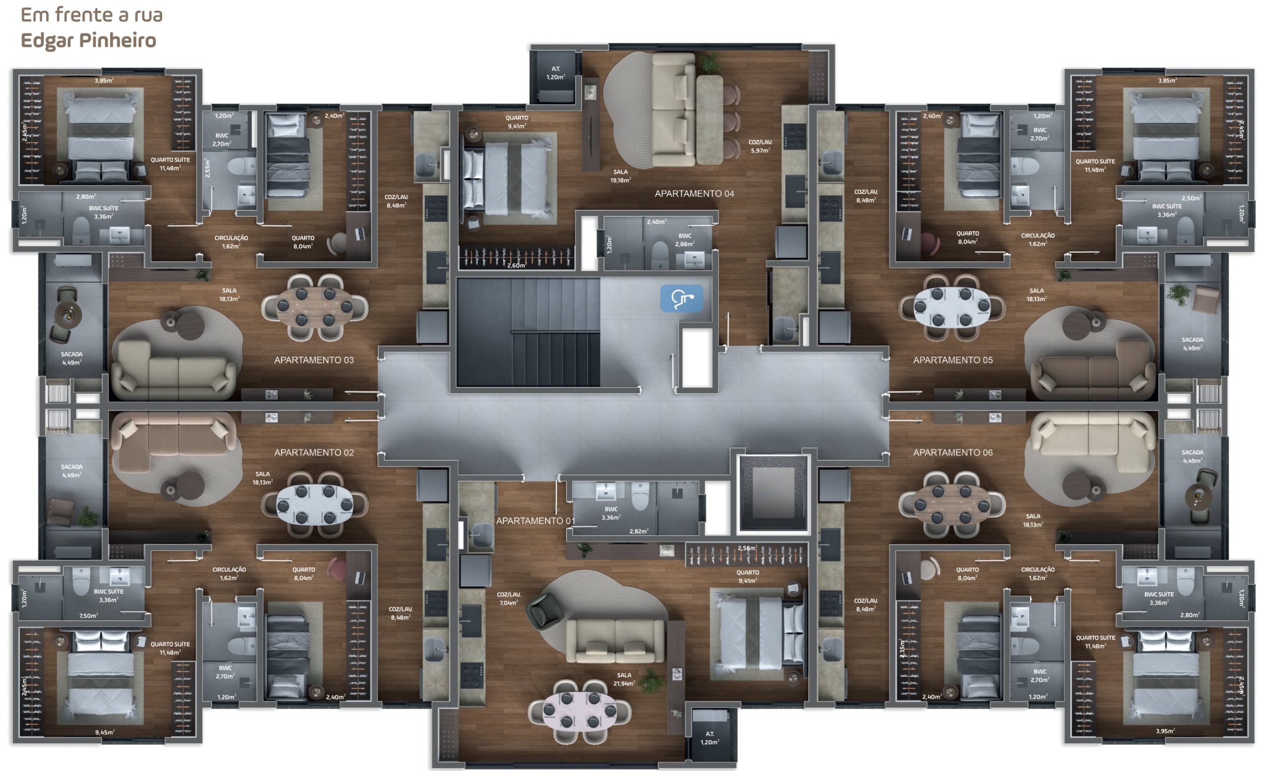 Planta baixa do pavimento tipo com metragens dos apartamentos 01 a 06