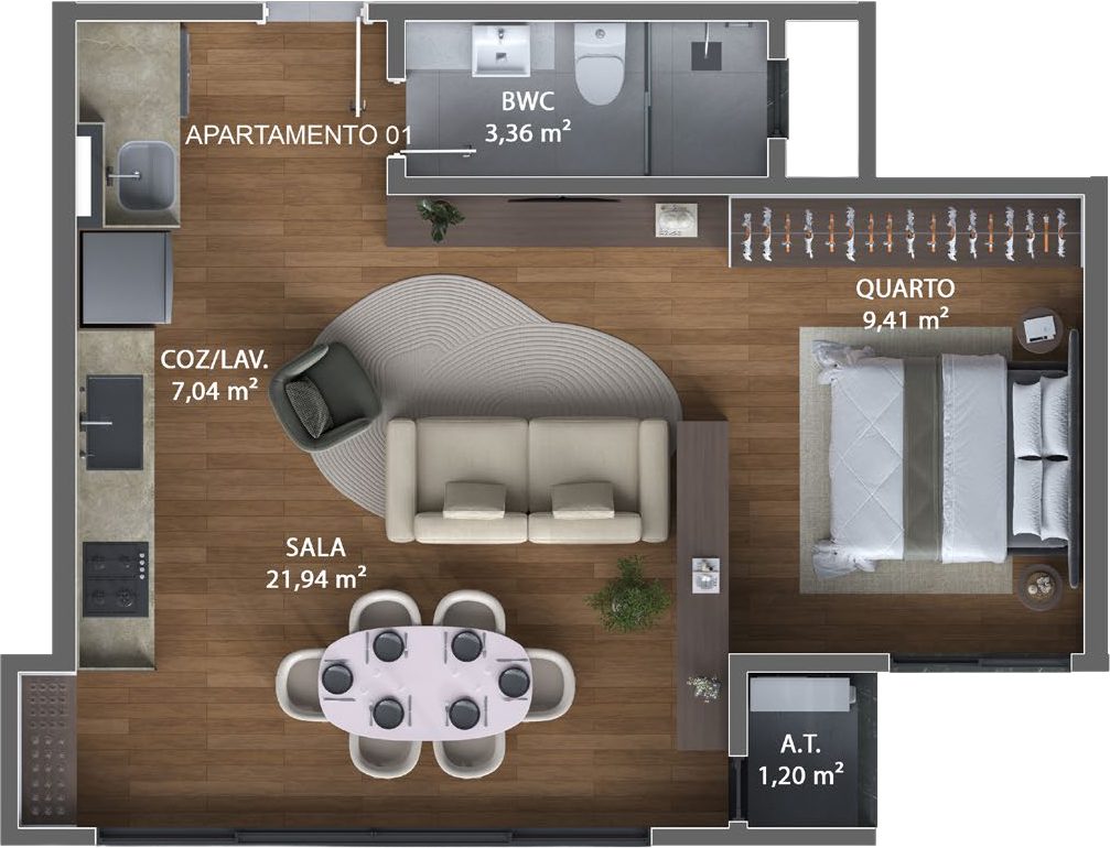 Planta baixa apartamento tipo 01 — 47,78m²