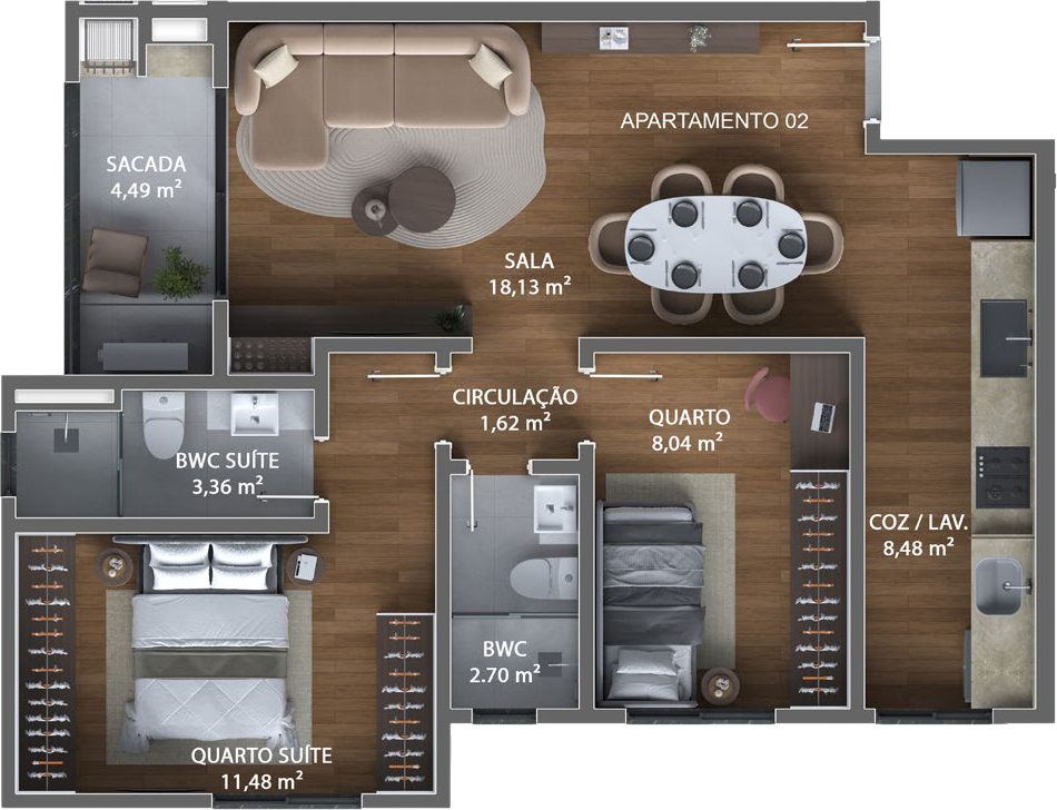 Planta baixa apartamento tipo 02 — 65,50m²