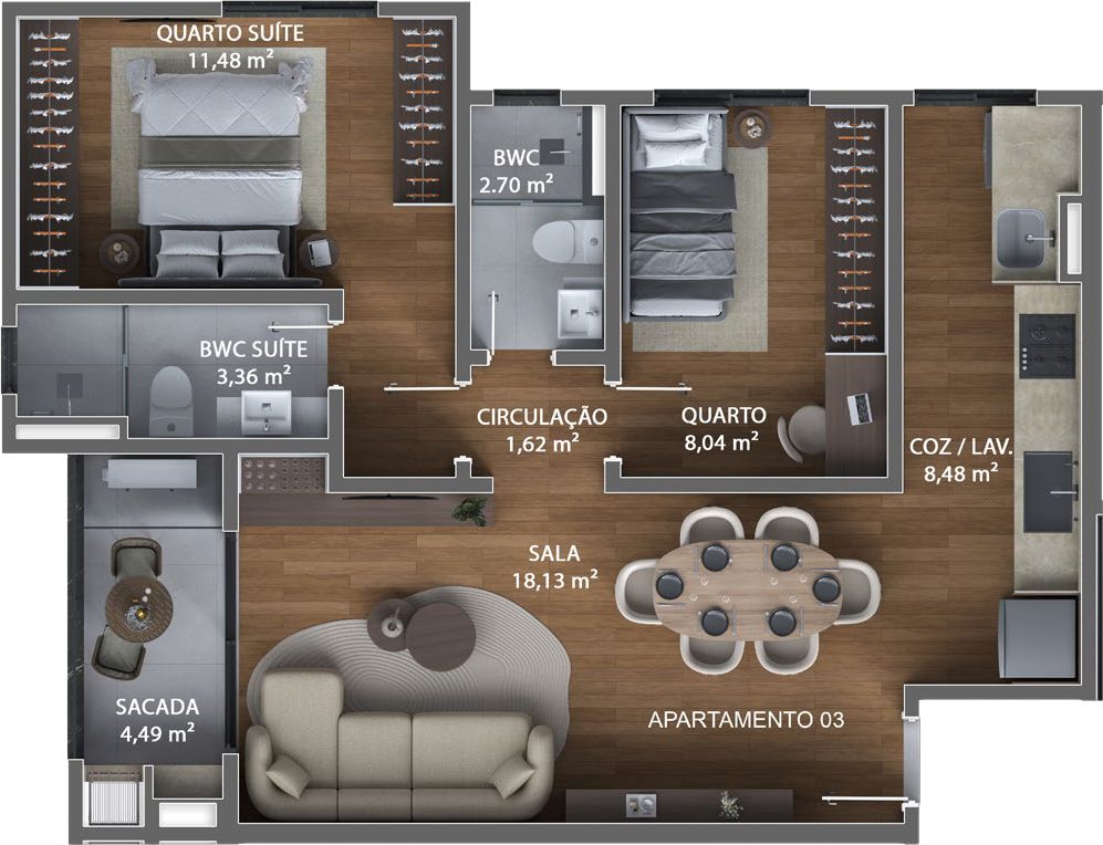 Planta baixa apartamento tipo 03 — 65,50m²