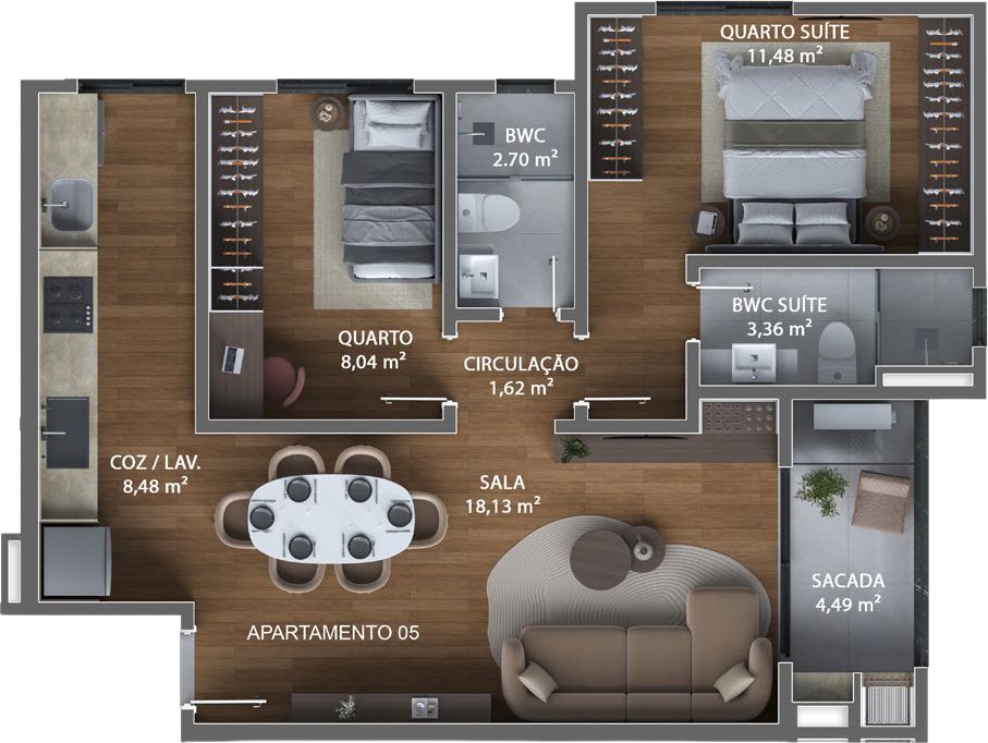 Planta baixa apartamento tipo 05 — 65,50m²