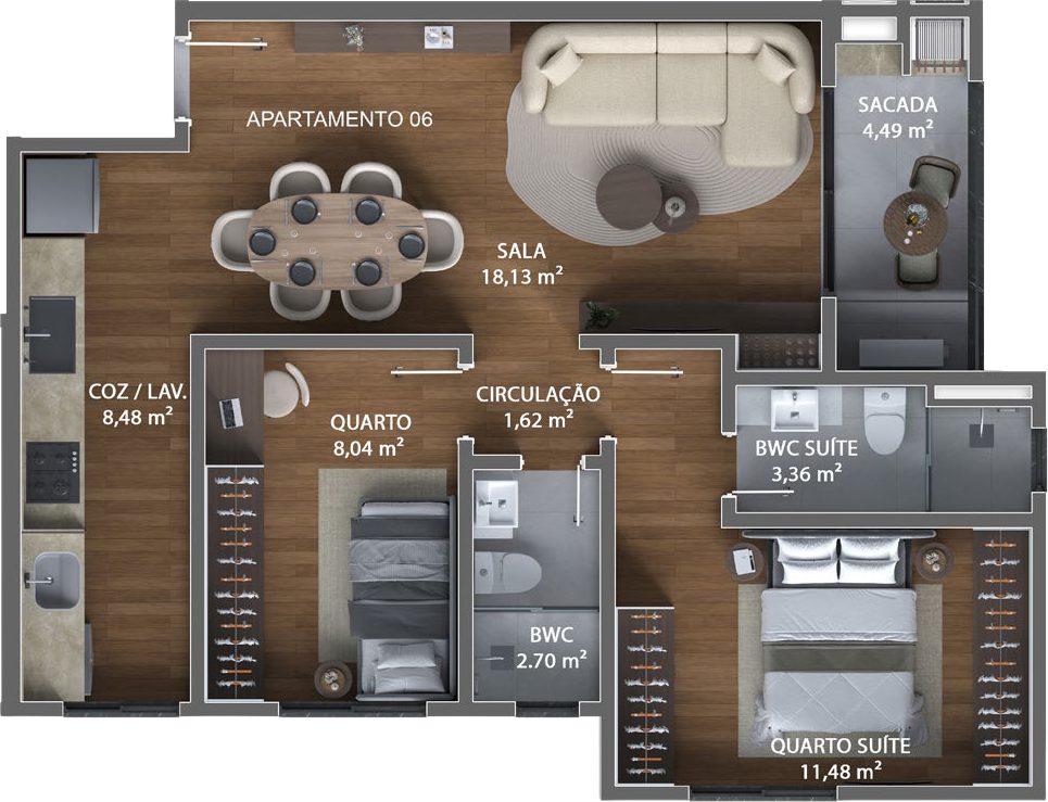 Planta baixa apartamento tipo 06 — 65,50m²